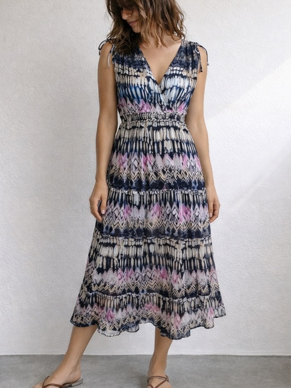 Hale Bob Chiffon Midi‎ Dress XS Boho Fairycore Metallic Festival